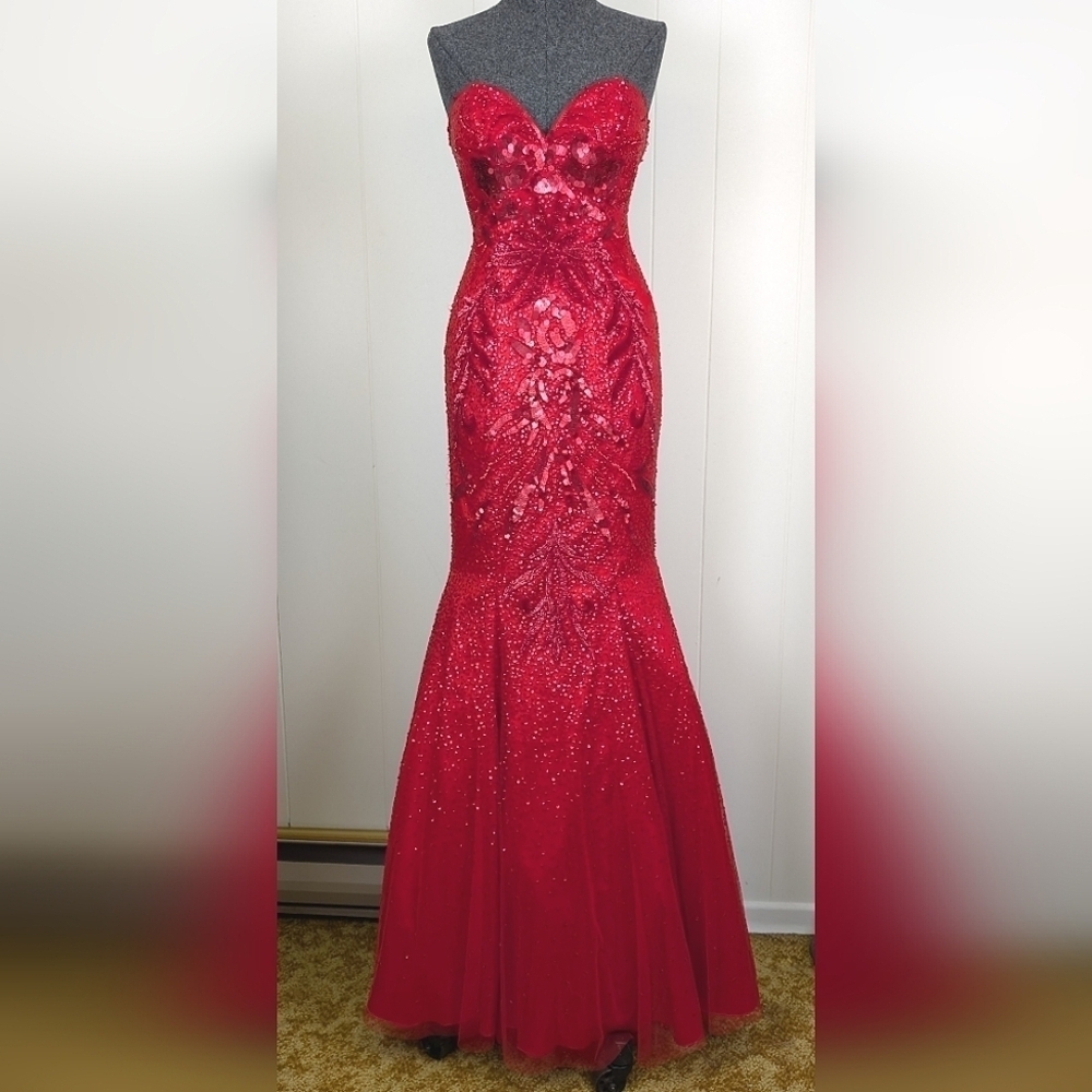Rosa Clara Red Strapless Beaded Mermaid Gown
